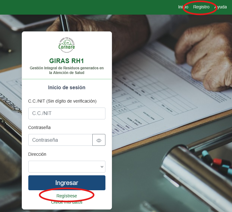 Enlace Regístrese aquí en la página de inicio