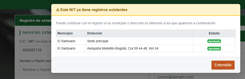 Modal de NIT ya registrado