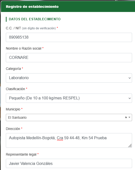 Datos del establecimiento diligenciados